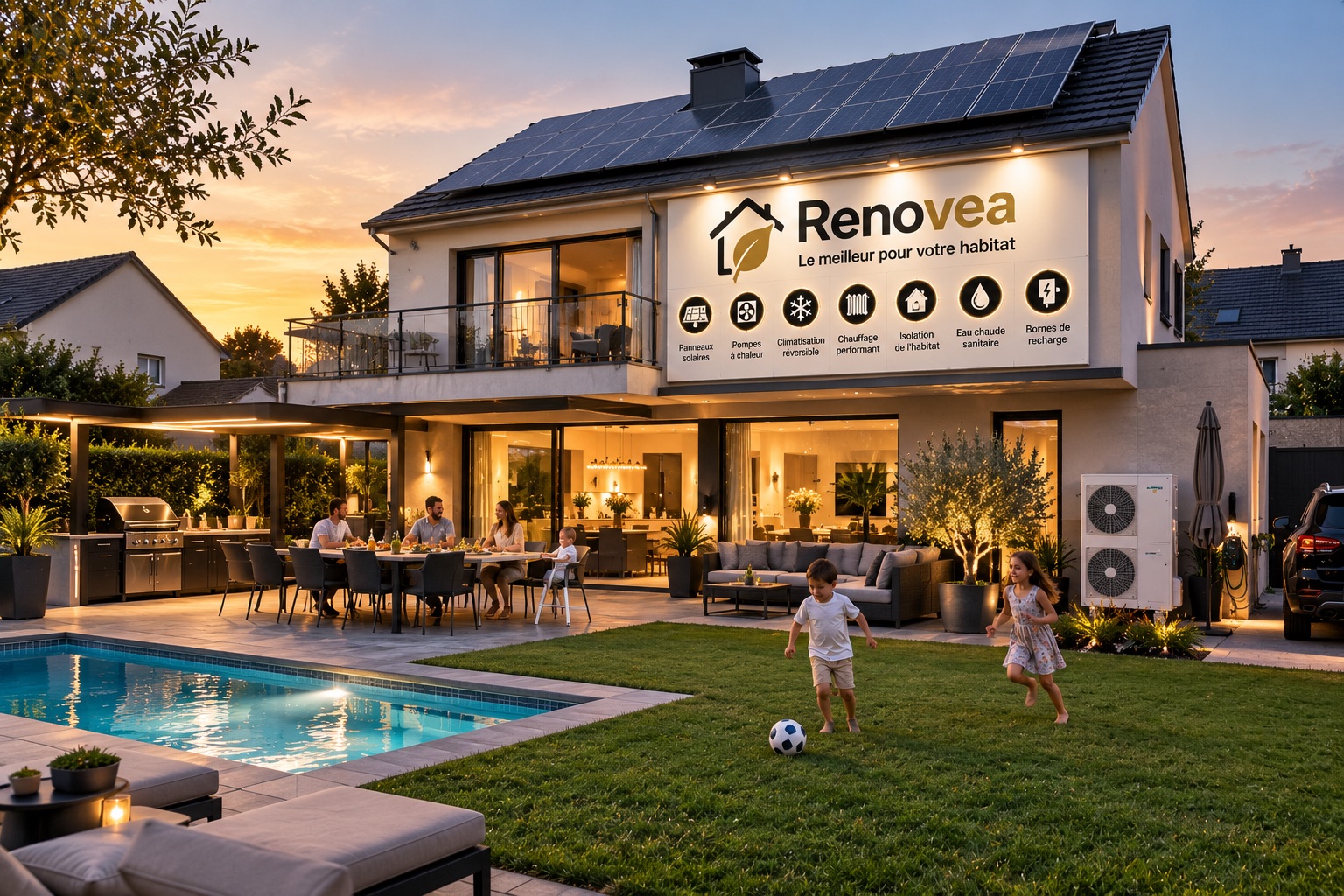 Maison familiale Renovea au coucher du soleil : panneaux solaires, pompe à chaleur, jardin et piscine